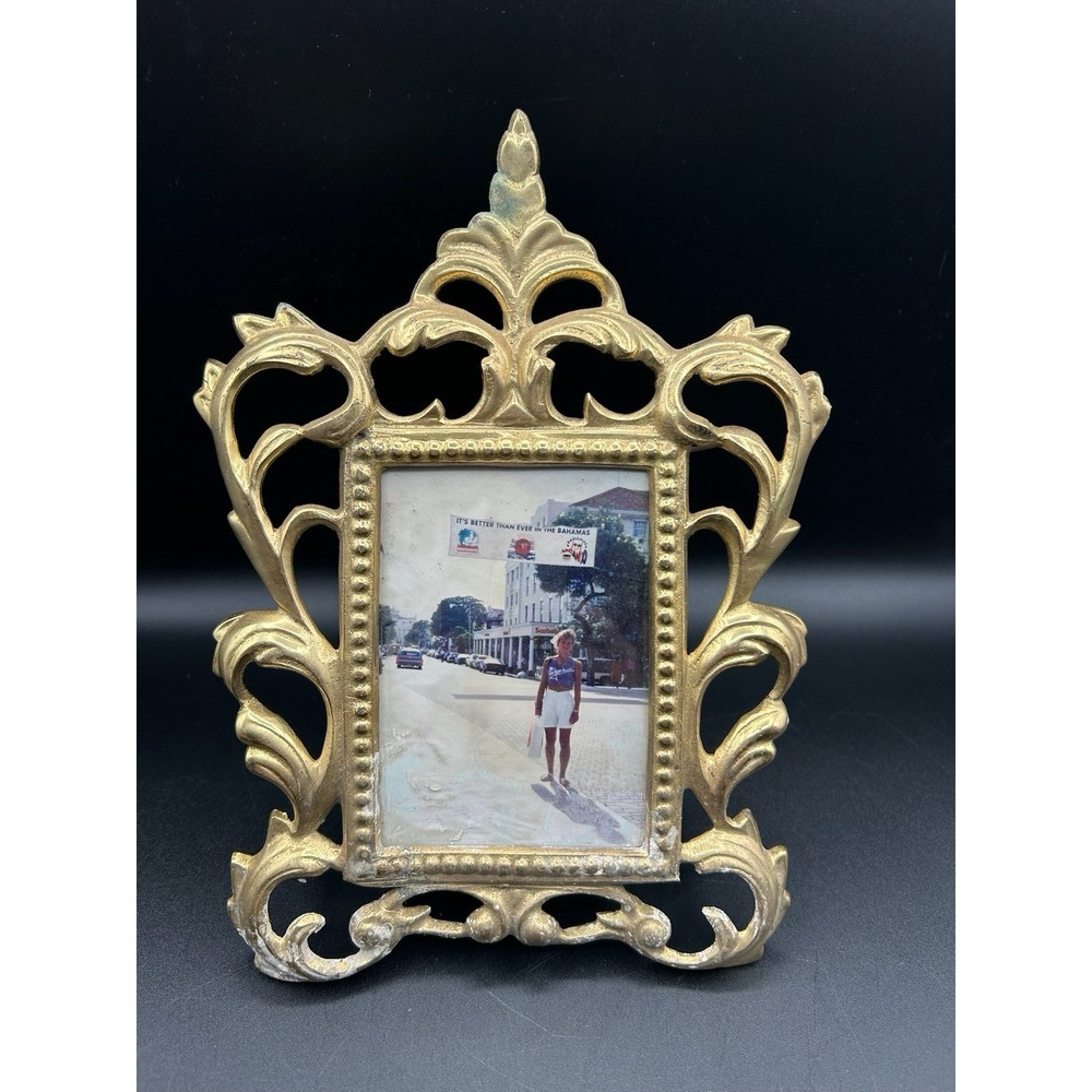 Vintage Wilton Cast Metal Picture Frame Ornate Gold Tone 4 X 5.5